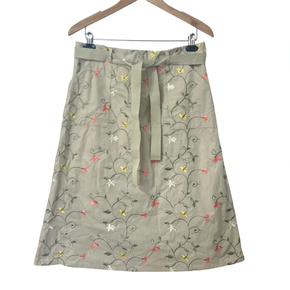 Orvis Tan Floral Embroidered A-Line  Cottagecore Grannycore Midi Skirt Cotton 14